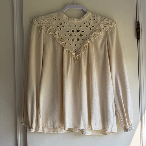 Madewell Tops - Madewell Cream Eyelet Yoke Ruffle Long Sleeve Blouse Small Ivory Cotton Viscose